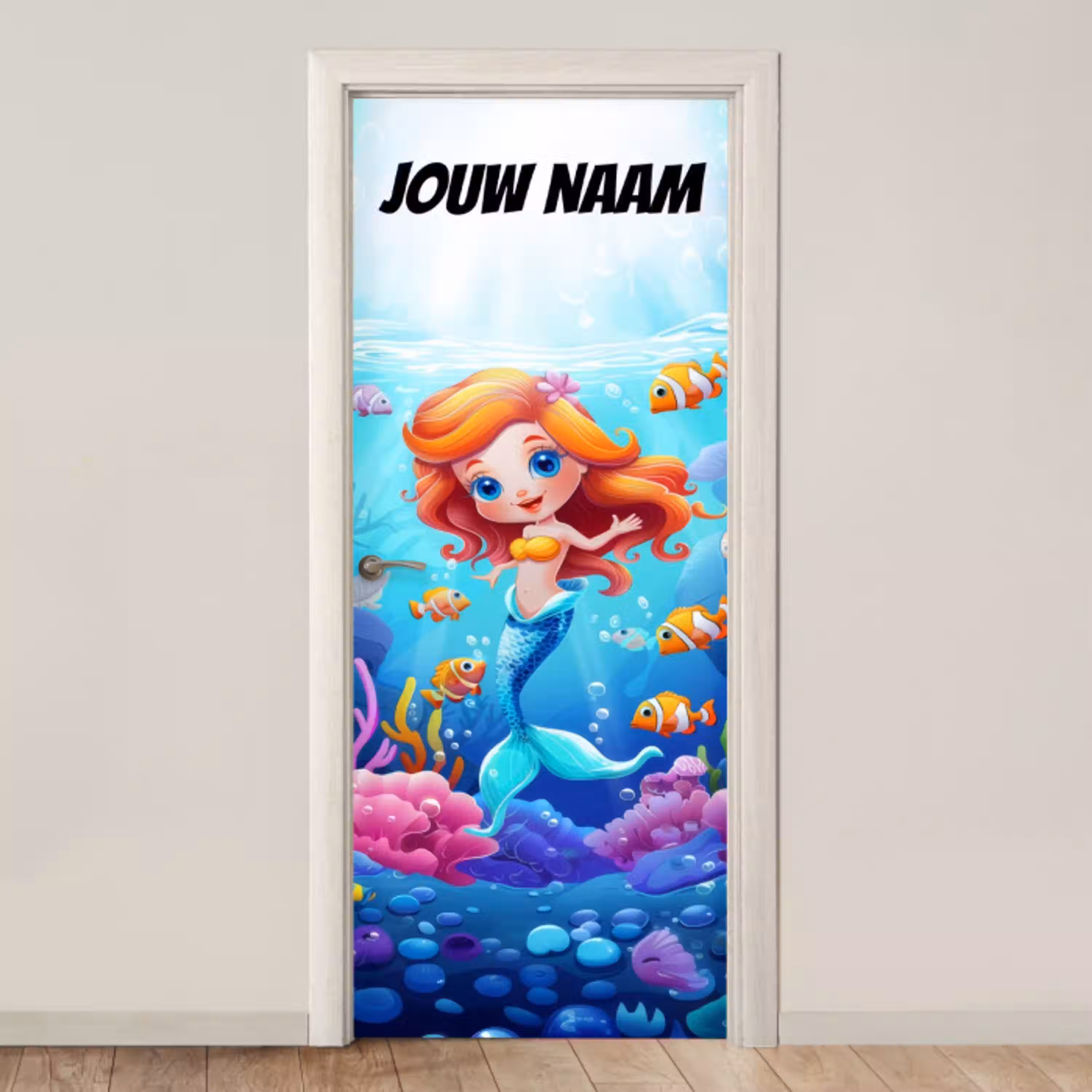 Schattige zeemeermin met vissen onder water en de tekst “Deze kamer is van: jouw naam”. deurposter klein -3d_beige