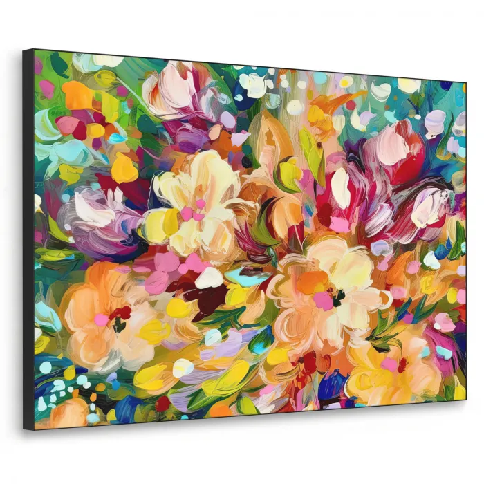 Schilderij - Olieverf - Bloemen - Regenboog Textielframe zwart klein -3d