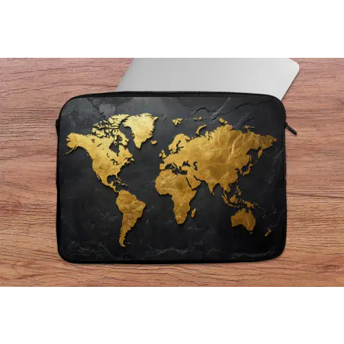 Wereldkaart - Goud - Steen laptophoes neopreen klein -tafel