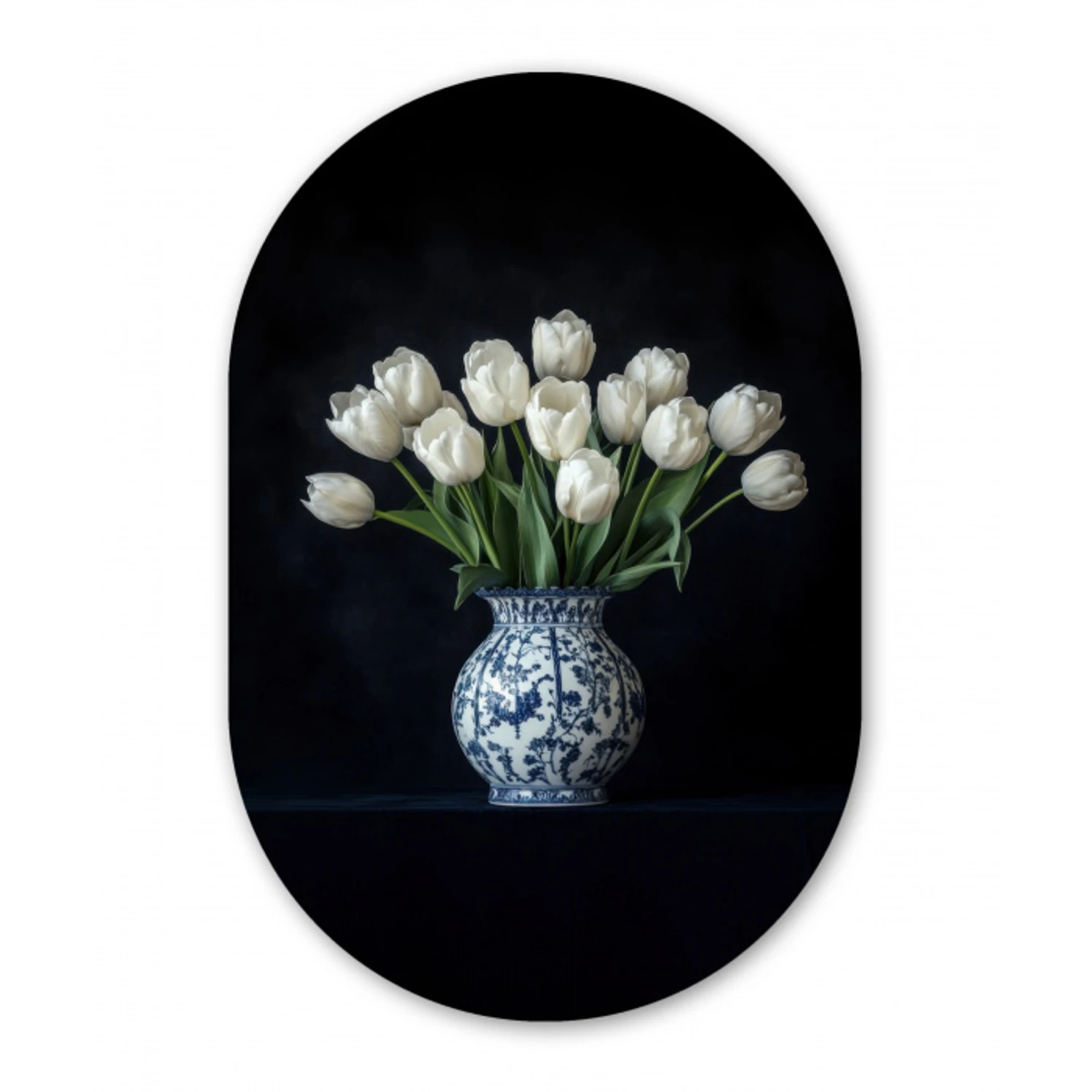 Wit - Bloemen - Tulpen - Vaas Wandcirkel Ovaal Glas middel -3d
