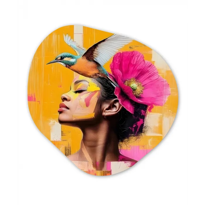 Vogel - Vrouw - Abstract - Bloem Wandcirkel Organisch Plexiglas middel -3d