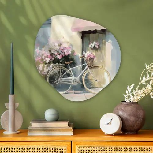 Fiets - Pastelkleuren - Bloemen Wandcirkel Organisch Aluminium middel -sfeer2
