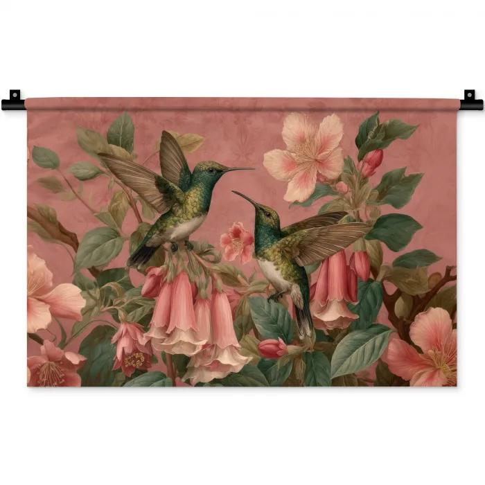 Kolibries - Bloemen - Groen - Roze Wandkleed katoen klein -zz3d