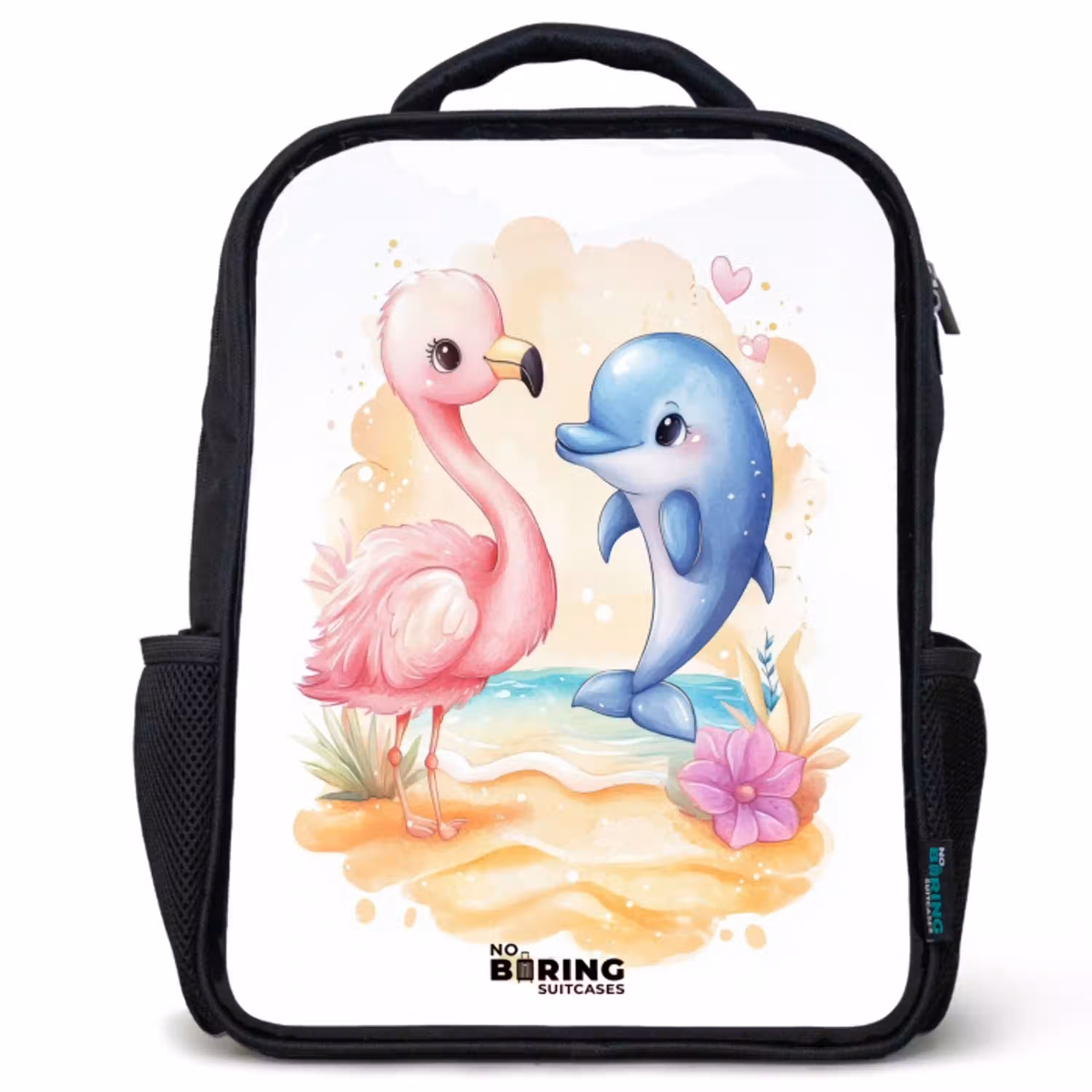 Roze flamingo en blauwe dolfijn op een strand Rugzak - Zwart middel -3d