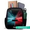 Sportwagen - Lichtstralen - Neon - Blauw Rugzak - Zwart middel -inhoud_DE