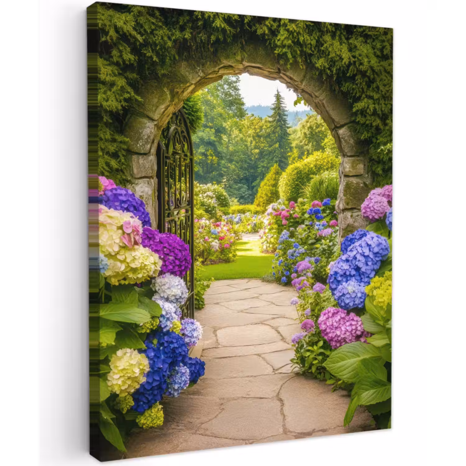 Canvas schilderij - Doorkijk - Poort - Hortensia - Bloementuin