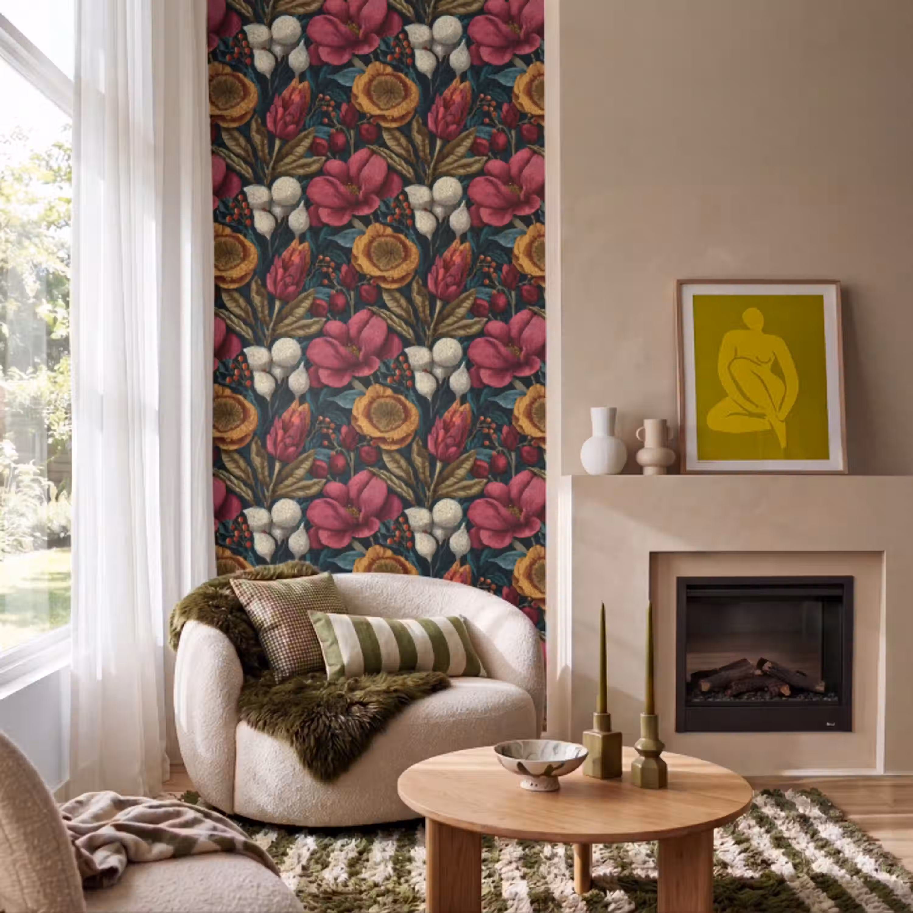 Bloemen - Patroon - Rood - Goud Behang Vlies klein 1076 -sfeer2