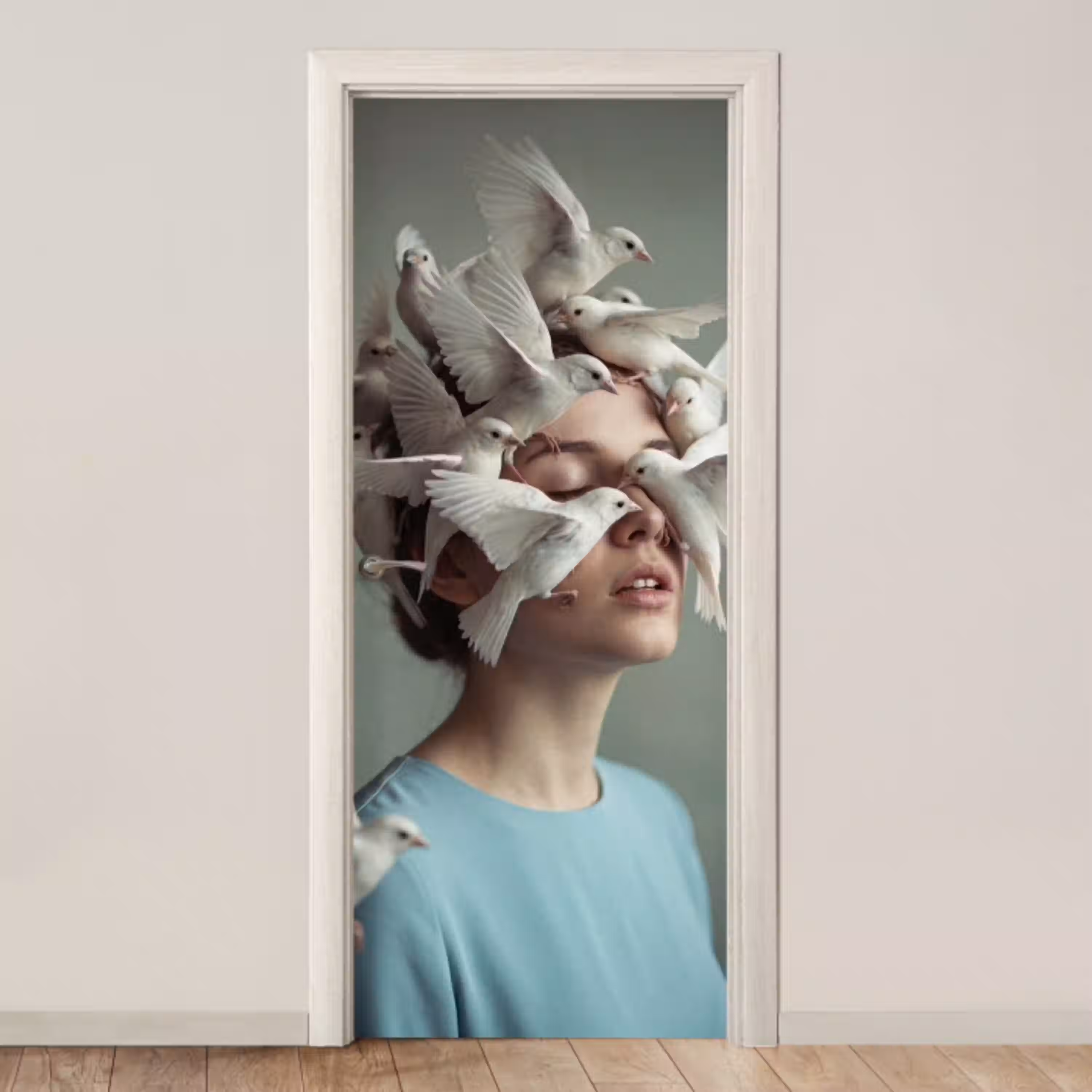 Vrouw - Vogels - Abstract - Modern - Wit deurposter klein -3d_beige