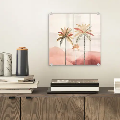 Palmbomen - Heuvels - Minimalistisch - Zachtroze plexiglas 5mm klein -sfeer1