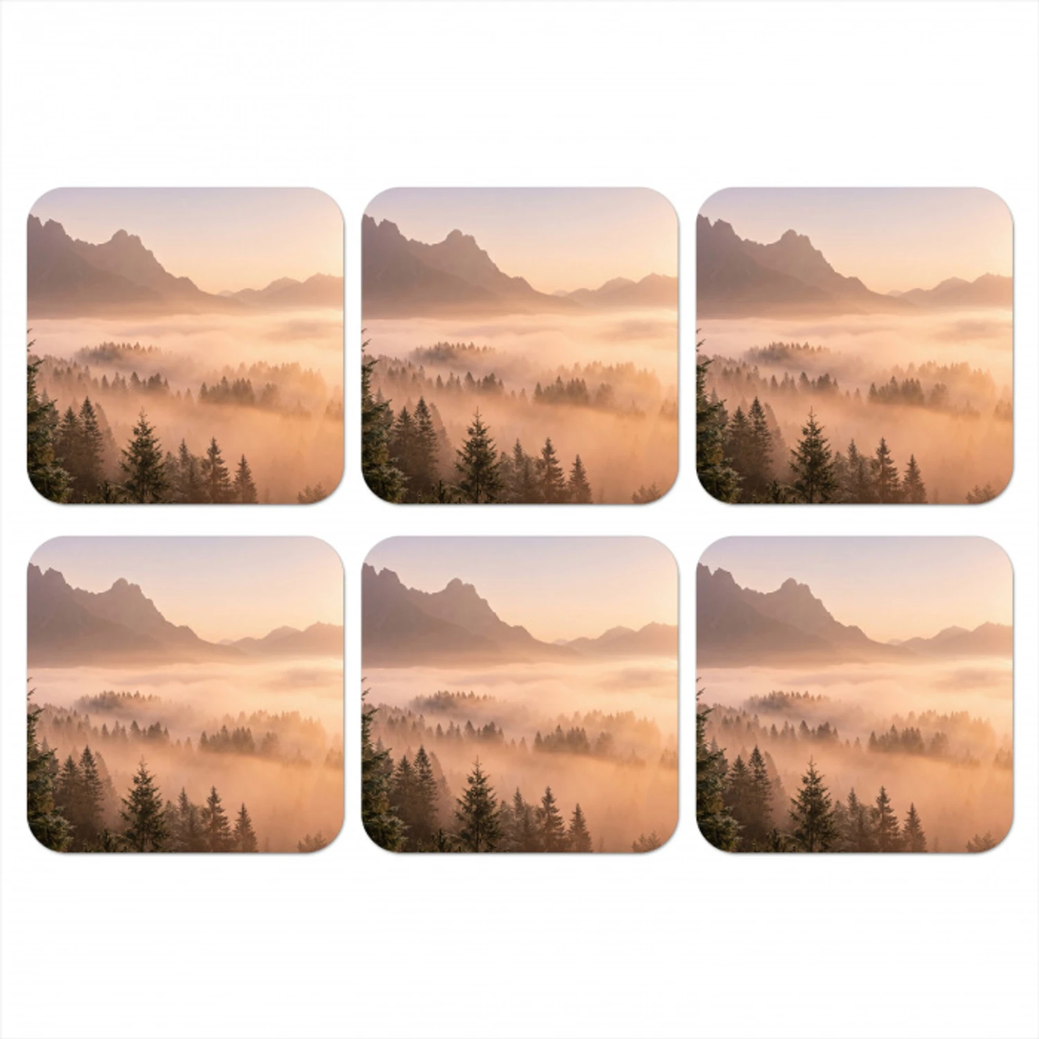 Zonlicht - Mist - Bergen - Bomen onderzetter kurk middel -3d