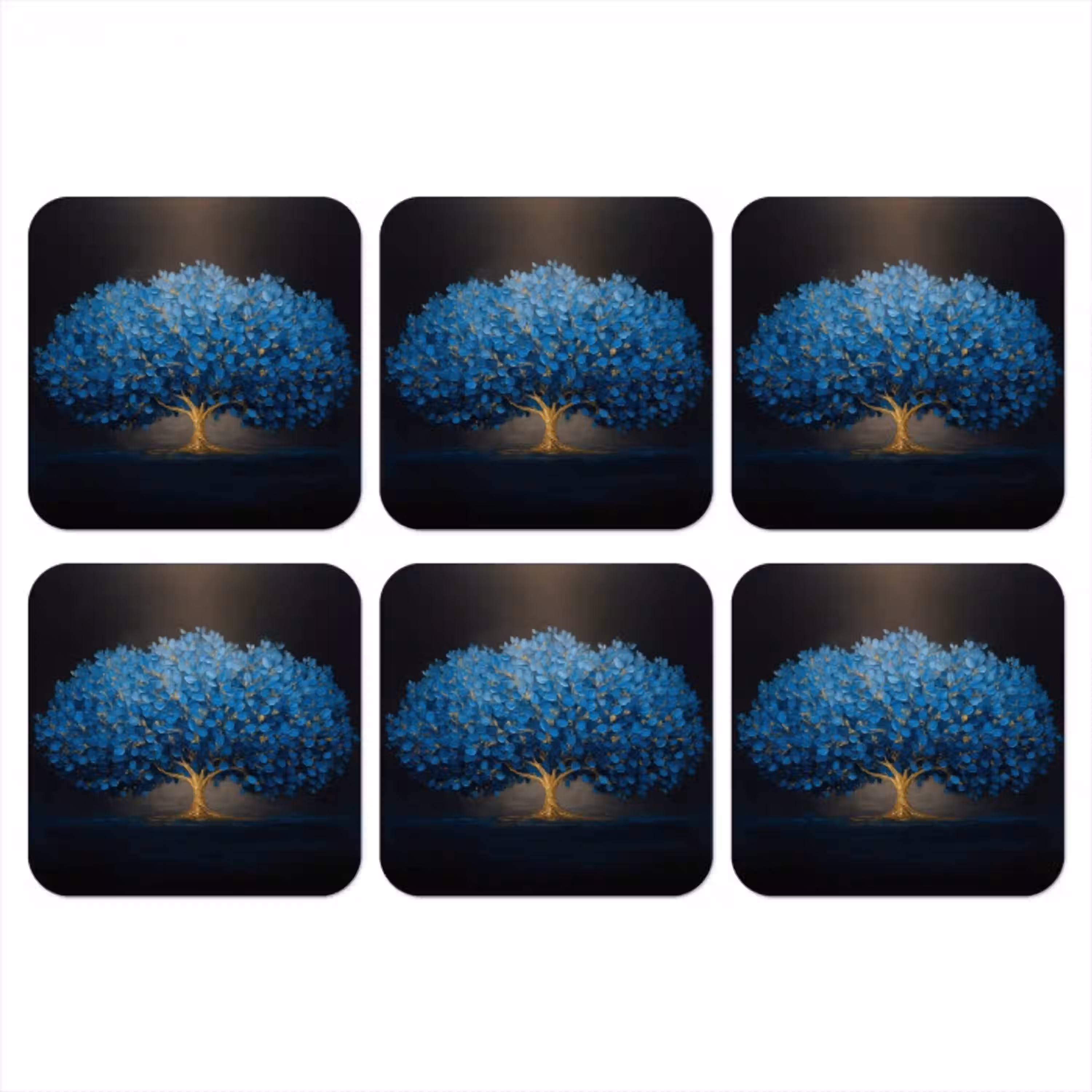 Boom - Blauw - Bladeren - Penseelstreken onderzetter kurk middel -3d