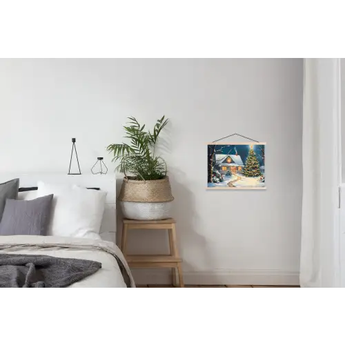 Kerst - Kerstboom - Winter - Huis - Sneeuw textielposter latten blank klein -woonkamer