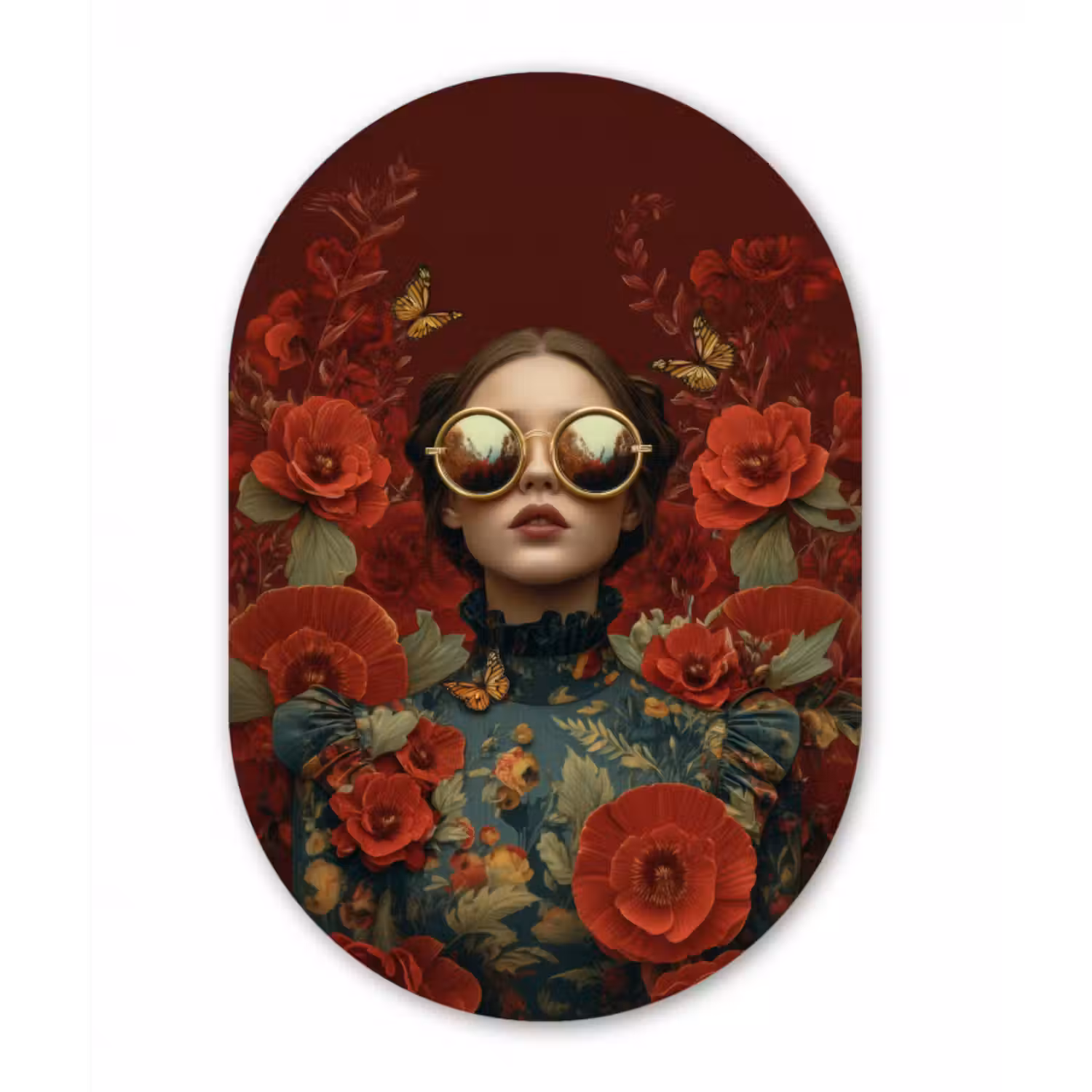Alu-Dibond-Bild Oval - Blumen - Tiefrot - Sonnenbrille - Frau