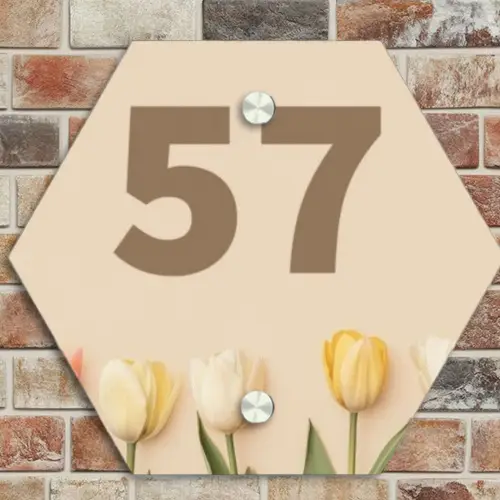 Gekleurde tulpen beige achtergrond - Traditioneel Naambord Hexagon klein -sfeer2