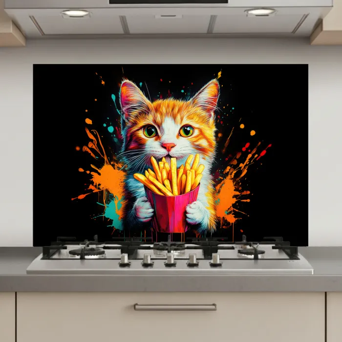 Kat - Eten - Patat - Graffiti - Abstract keuken achterwand spatscherm klein -3d_website