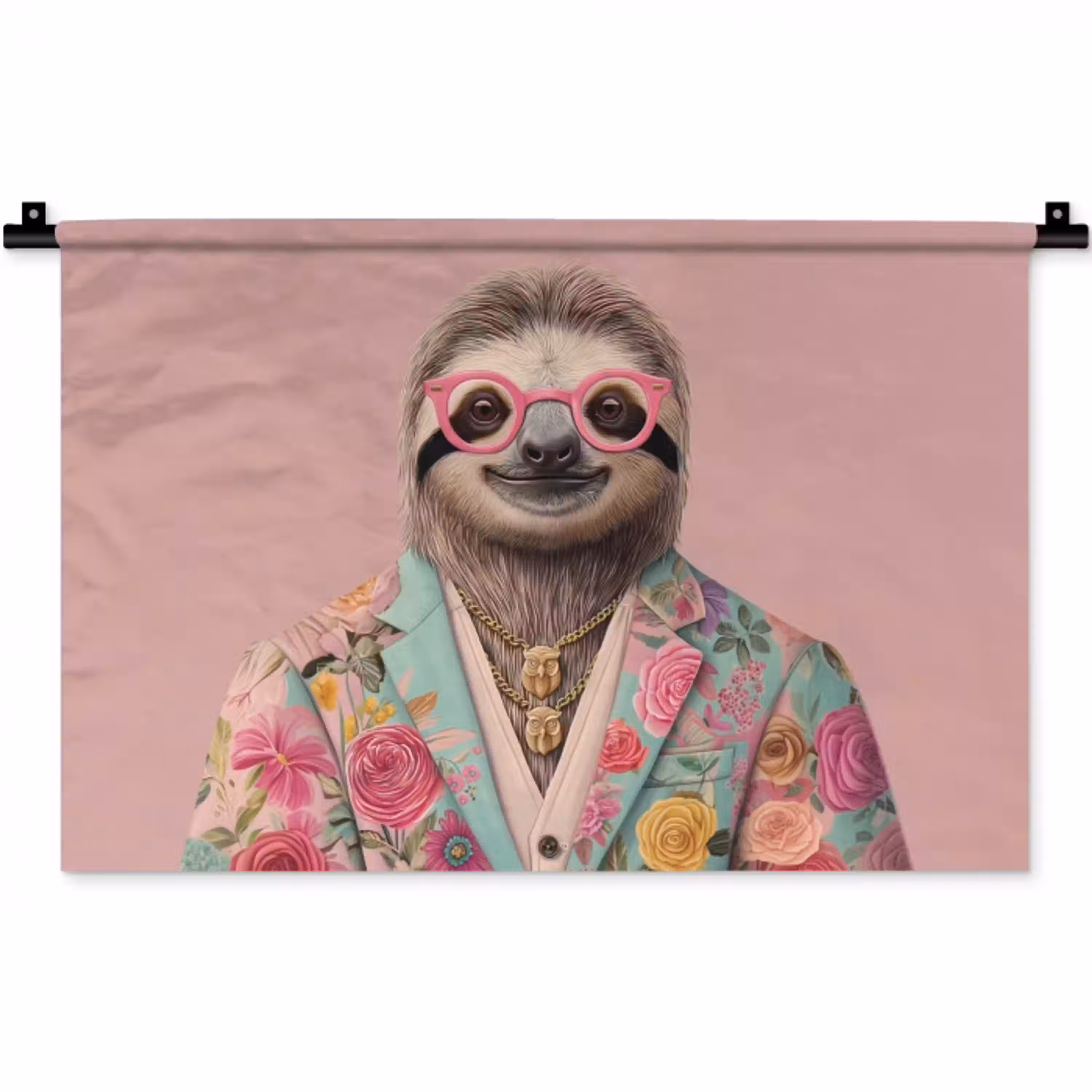 Luiaard - Bloemenprint - Bril - Roze Wandkleed katoen klein -zz3d