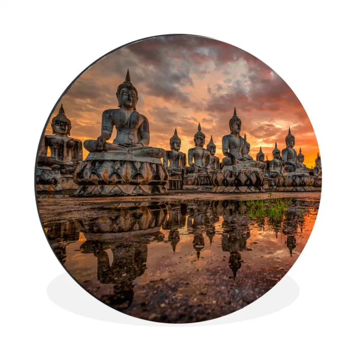 Boeddha beelden - Zonsondergang - Water - Boeddhisme Wandcirkel aluminium klein -3d