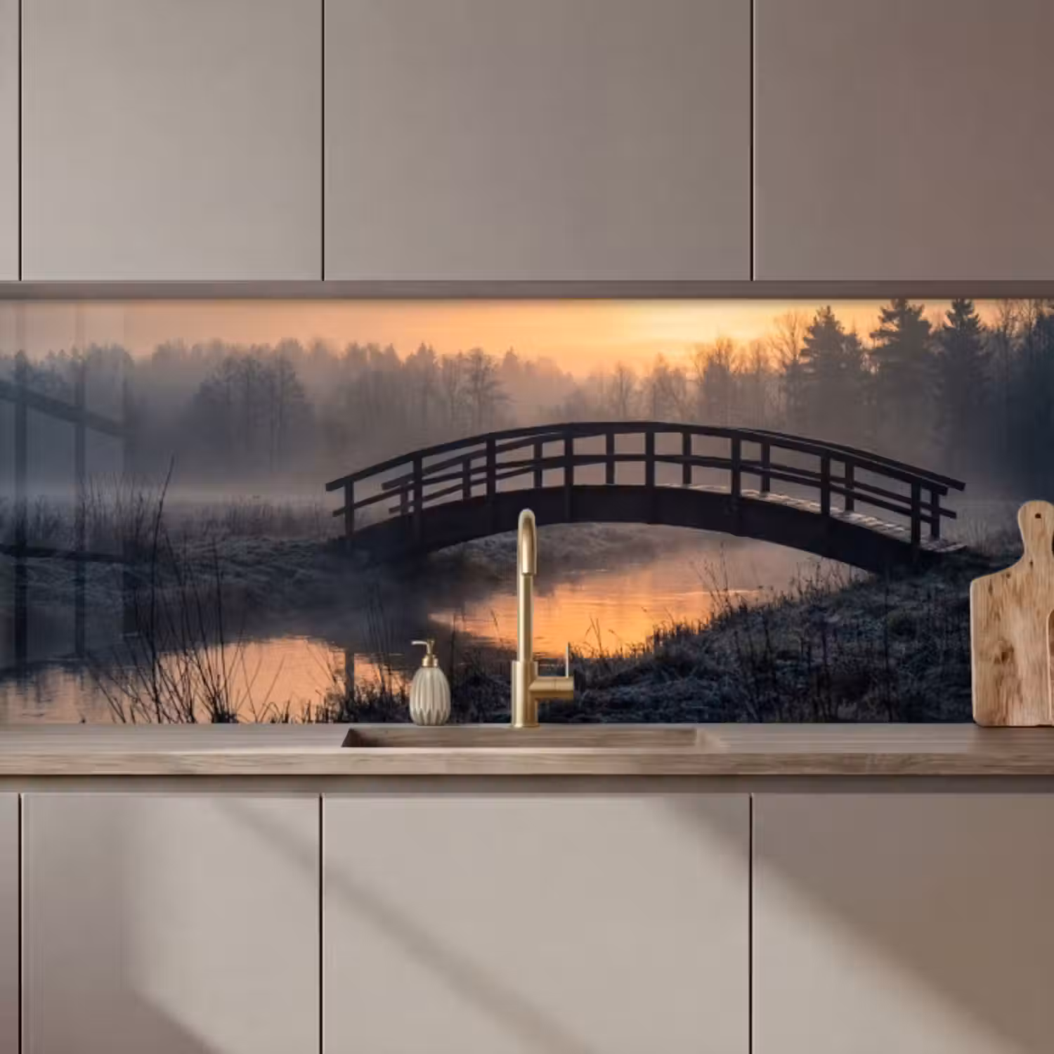 Küchenrückwand - Brücke - Nebel - Bäume - Wasser