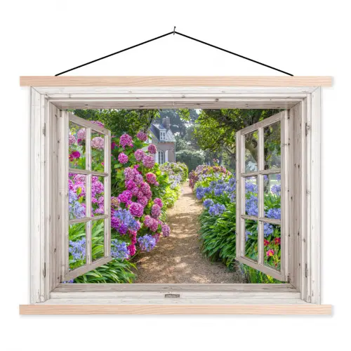 Hortensia - Doorkijk - Bloemen - Zomer - Paars - Pad textielposter latten blank klein -3d