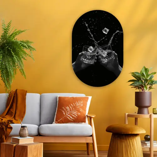 Whiskyglazen - Ijs - Spetters - Zwart Wandcirkel Ovaal Glas middel -sfeer4