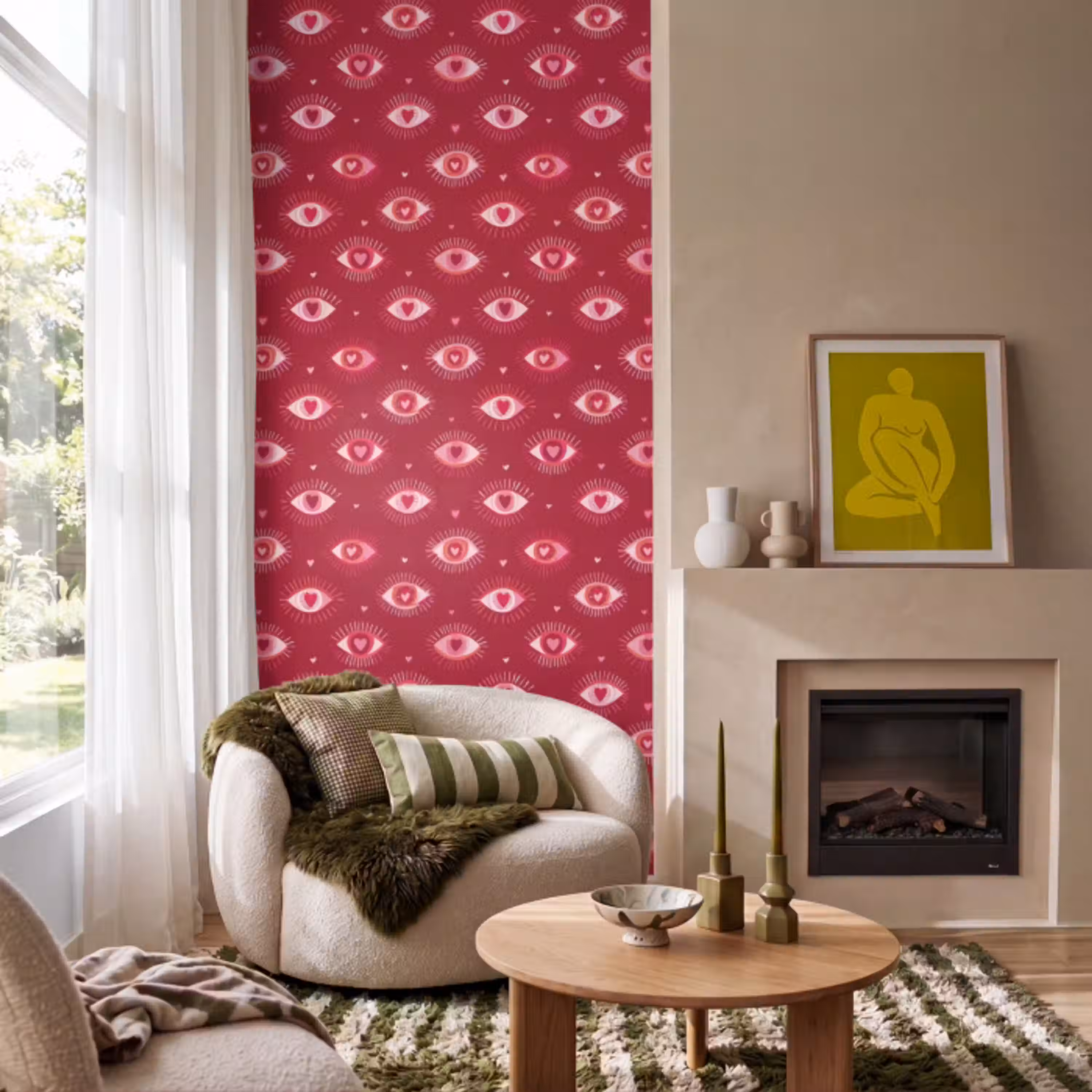 Ogen - Patroon - Roze - Donkerrood Behang Vlies klein 1076 -sfeer2