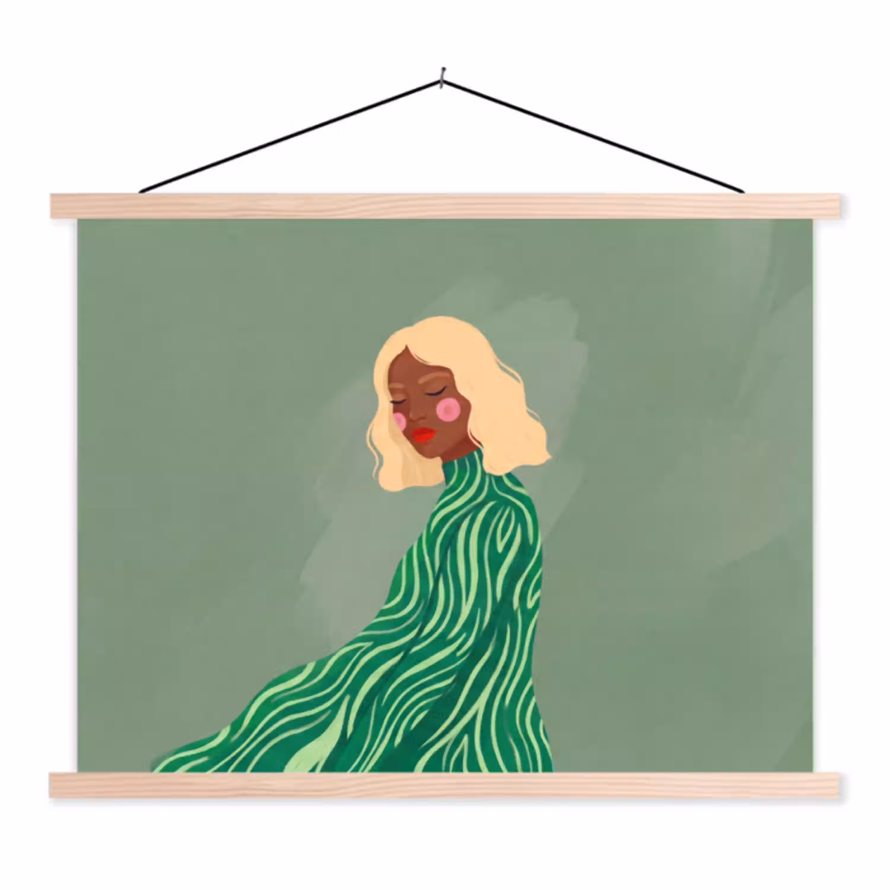 Vrouw - Portret - Illustratie - Modern - Groen textielposter latten blank klein -3d