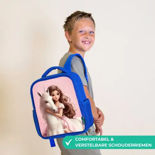 Meisje met witte eenhoorn op roze achtergrond Kinderrugzak - Blauw middel -sfeer3_NL