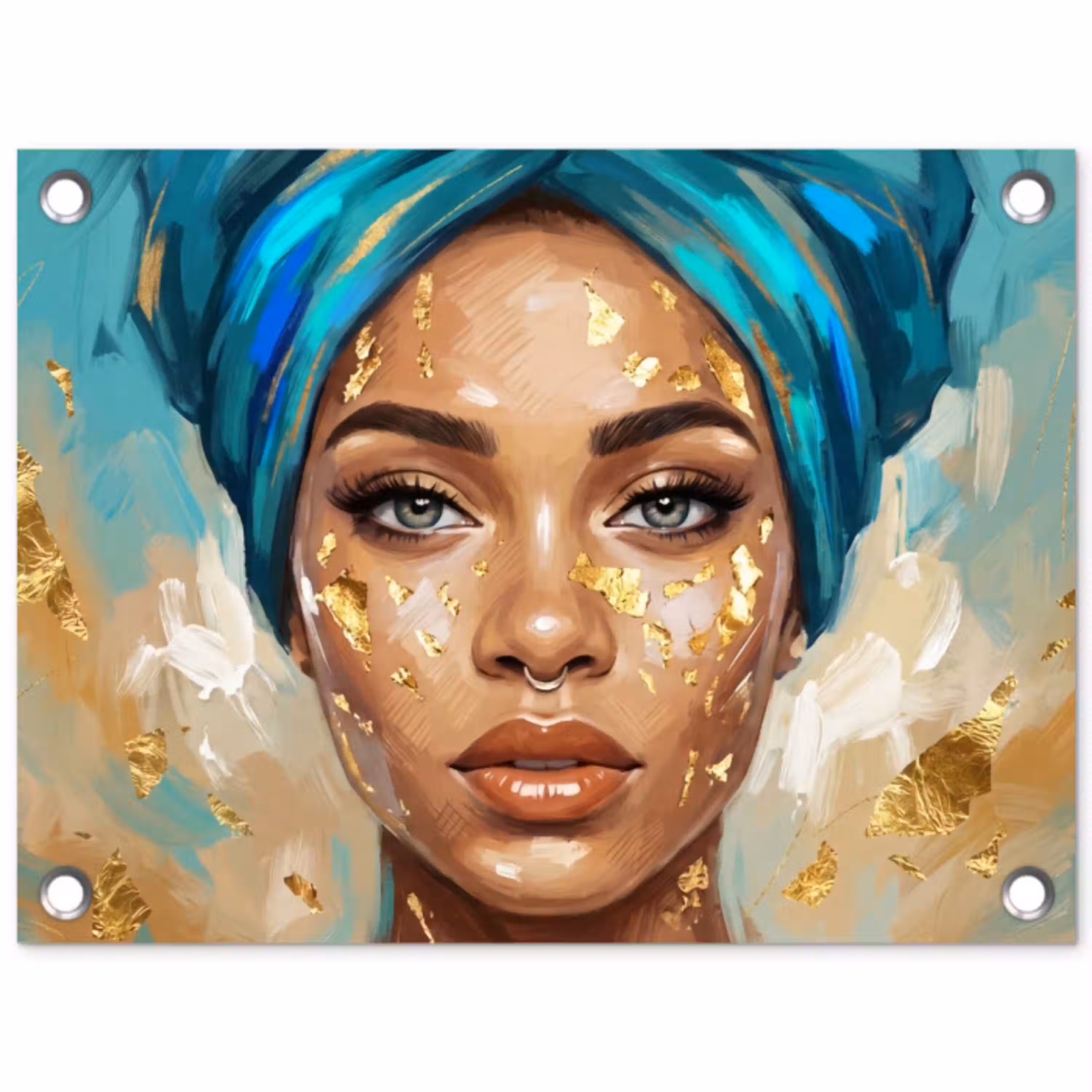 Portret - Vrouw - Schilderij - Blauw - Goud - Expressief tuinposter los doek klein -3d