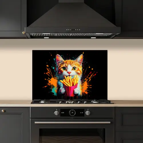 Kat - Eten - Patat - Graffiti - Abstract keuken achterwand spatscherm klein -sfeer1