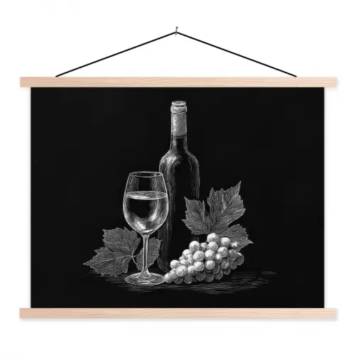Wijnfles - Glas - Druiven - Bladeren textielposter latten blank klein -3d