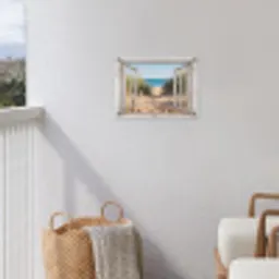 Doorkijk - Strand - Zee - Duinen - Zand - Water - Helmgras tuinposter los doek klein -sfeer8