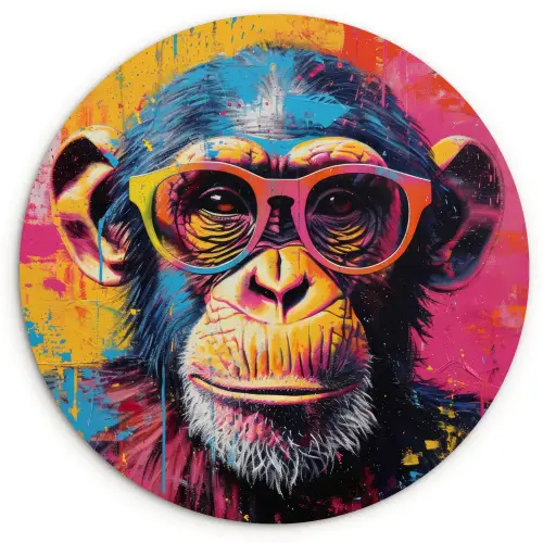 Graffiti - Chimpansee - Aap - Bril - Kleurrijk Wandcirkel kunststof plaat 5mm dik klein -3d