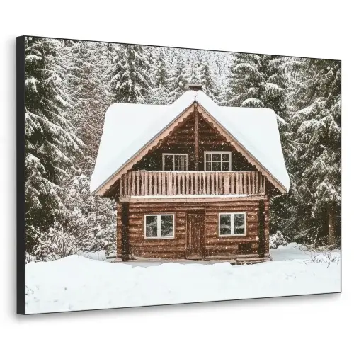Huis - Bos - Winter - Natuur - Sneeuw Textielframe zwart klein -3d