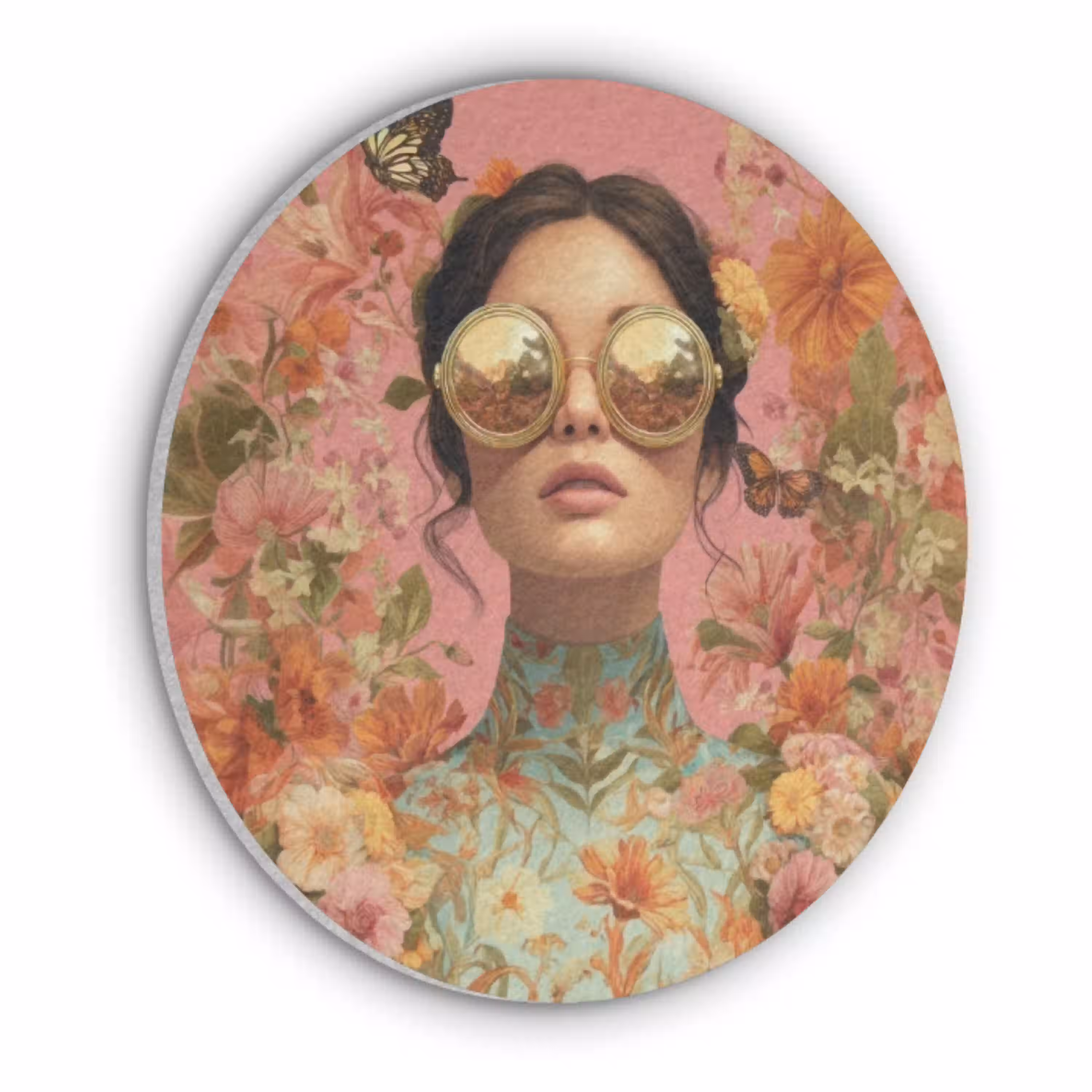 Vrouw - Bril - Roze - Bloemen Akoestische PET Vilt - Rond klein -3d