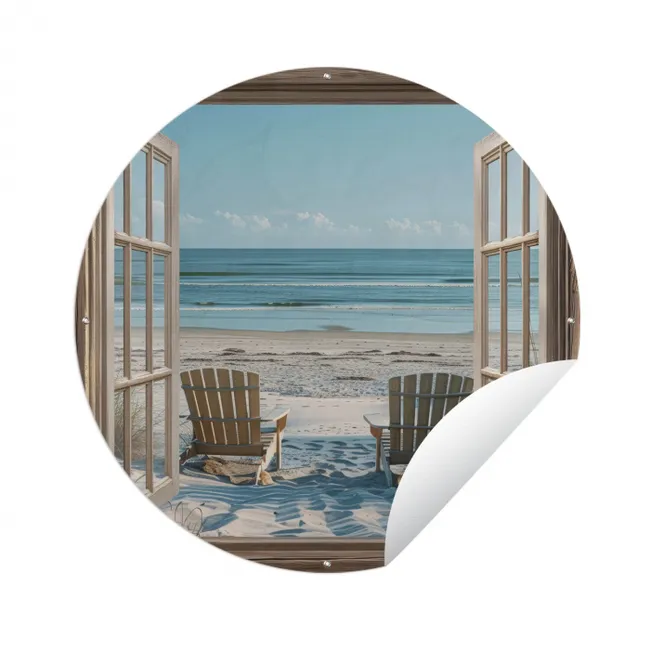 Doorkijk - Strandstoelen - Duinen - Zee - Natuur Wandcirkel tuinposter met ringen klein -3d