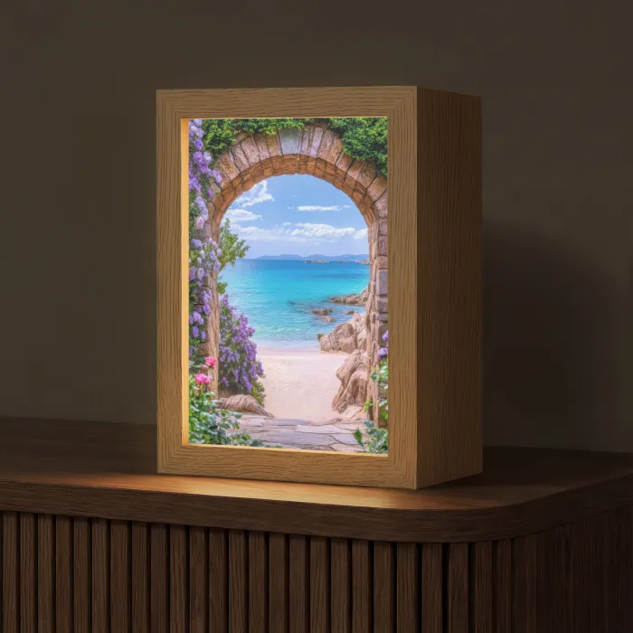 Doorkijk - Poort - Zee - Strand - Rotsen Light Box met kabel (Tafellamp) klein -z3d_website