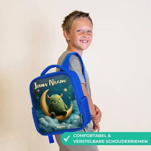 Groen monster op maansikkel Kinderrugzak - Blauw middel -sfeer3_NL