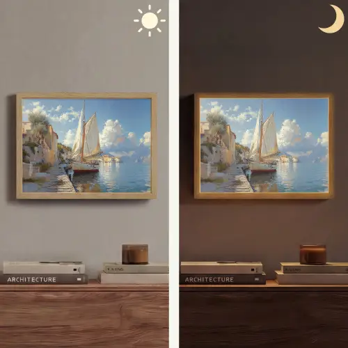 Zeilschip - Huizen - Kade - Zee Light Box met batterij (Wandlamp) middel -sfeer3