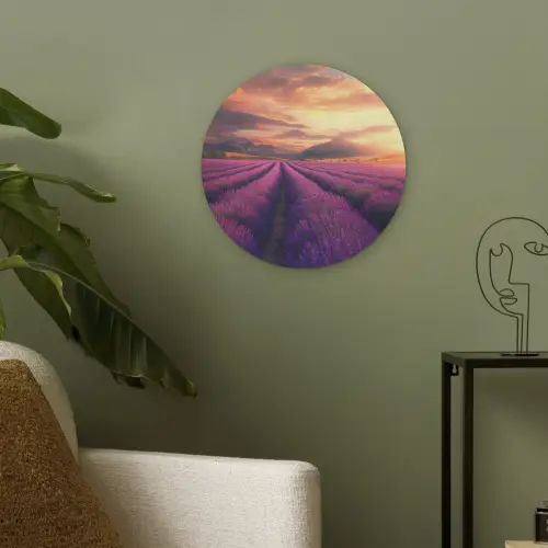 Lavendelveld - Zonsondergang - Paars Akoestische PET Vilt - Rond klein -sfeer2