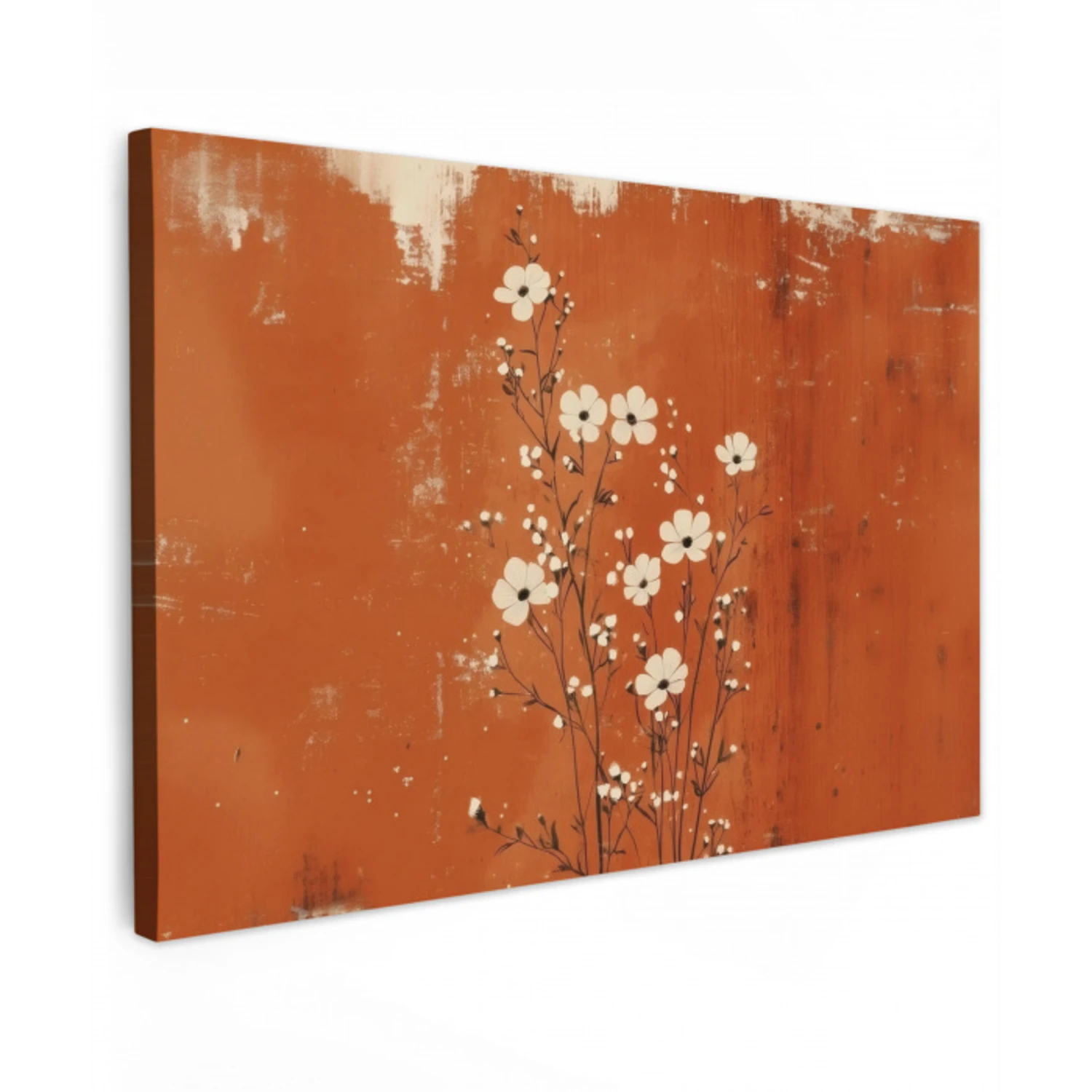 Bloemen - Wit - Subtiel - Roestkleur Tuinposter op houten frame 2 cm dik klein -3d