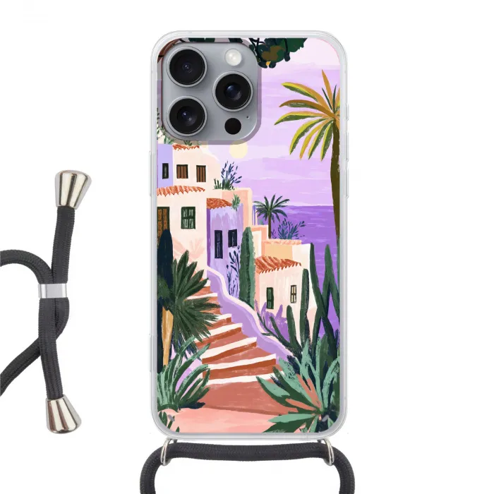 Huizen - Minimalistisch - Palmbomen - Kust Hoesje iPhone 16 Pro Max met koord klein -3d