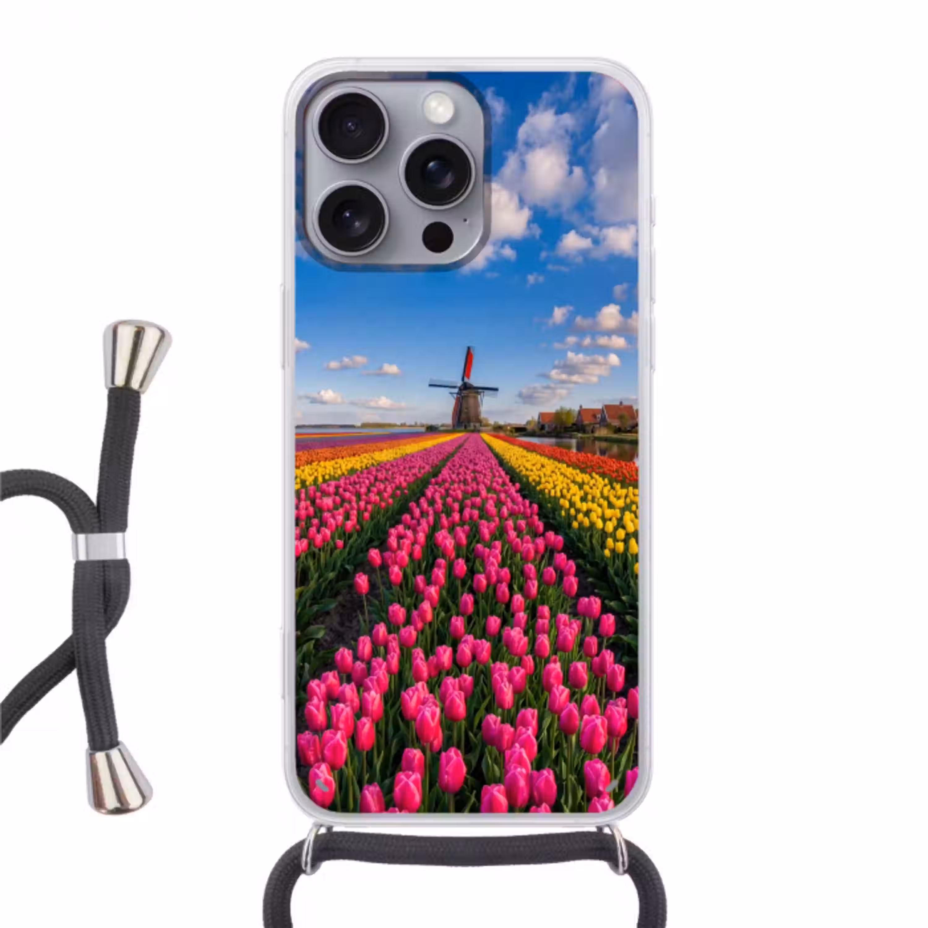 Tulpen - Holland - Molen - Kleurrijk Hoesje iPhone 16 Pro Max met koord klein -3d