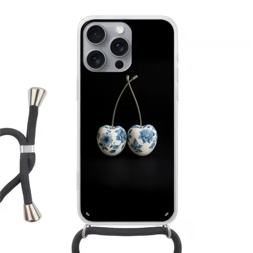Kersen - Delfts blauw - Fruit Hoesje iPhone 16 Pro Max met koord klein -3d