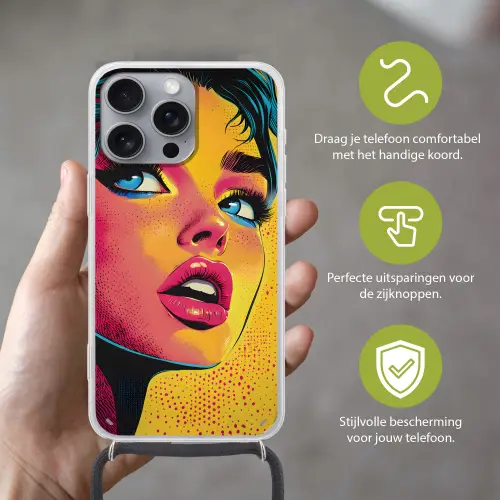 Close-up - Vrouwengezicht - Stippen - Geel Hoesje iPhone 16 Pro Max met koord klein -sfeer2_NL