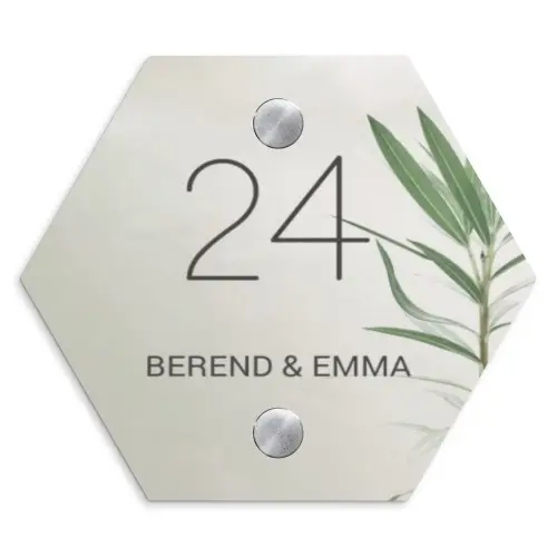 Lichtbeige met plant - Klassiek Naambord Hexagon klein -3d