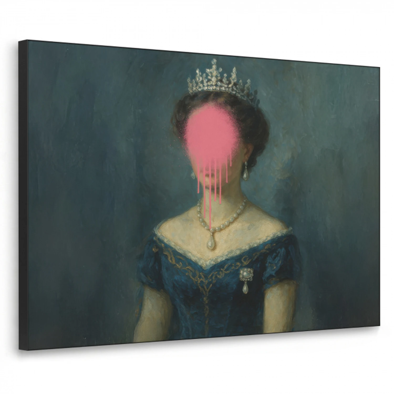 Kroon - Roze druipend verf - Portret Textielframe zwart klein -3d