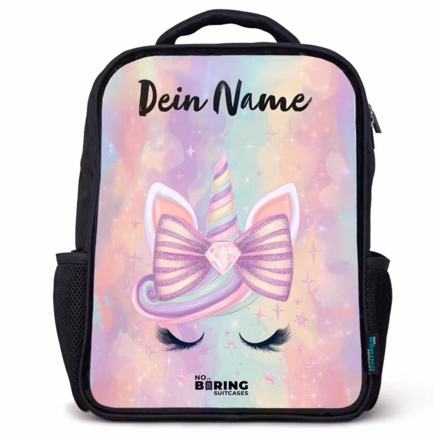 Kinderrucksack mit Namen - Schwarz - Einhorn - Glitzer - Regenbogen - Pastell