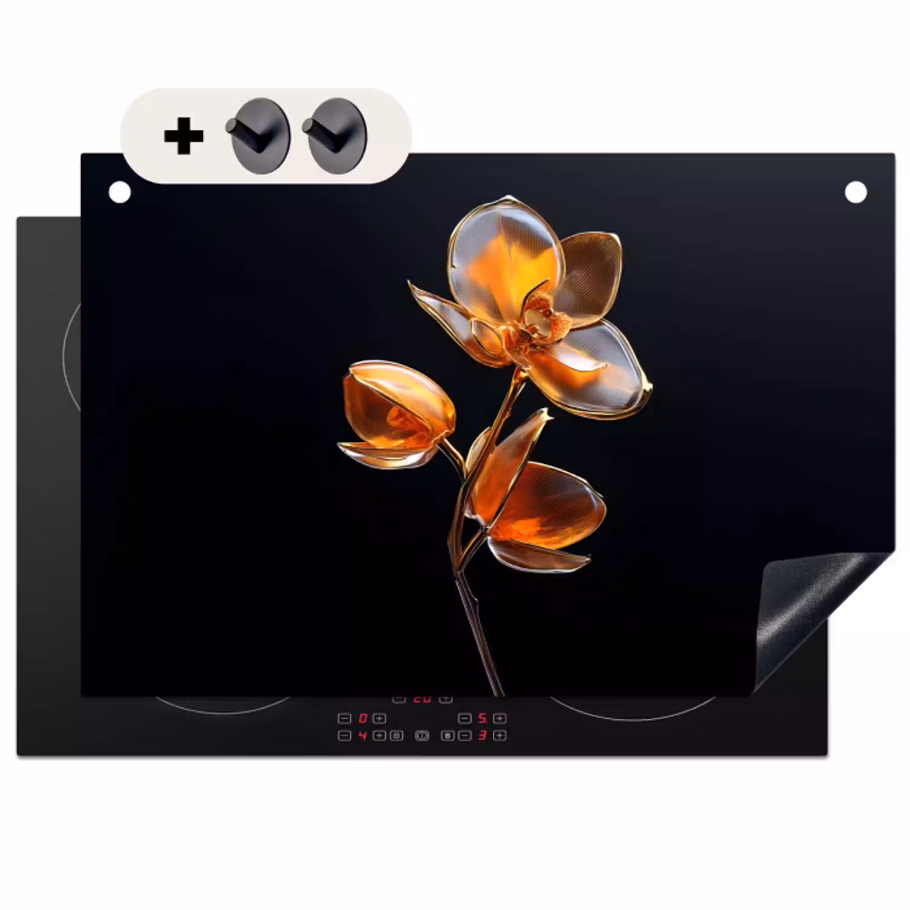 Bloem - Orchidee - Oranje Inductie beschemer met haakjes klein -3d