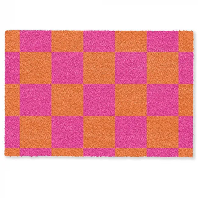 Gepersonaliseerde deurmat Schaakbord print - Oranje - Roze - Blokjes