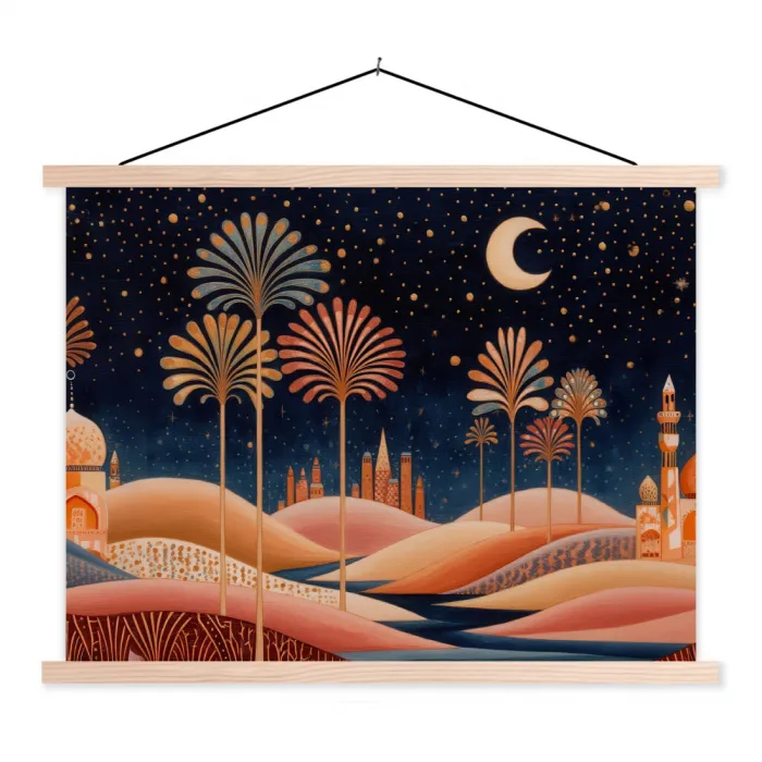 Sterrenhemel - Palmen - Rivier textielposter latten blank klein -3d